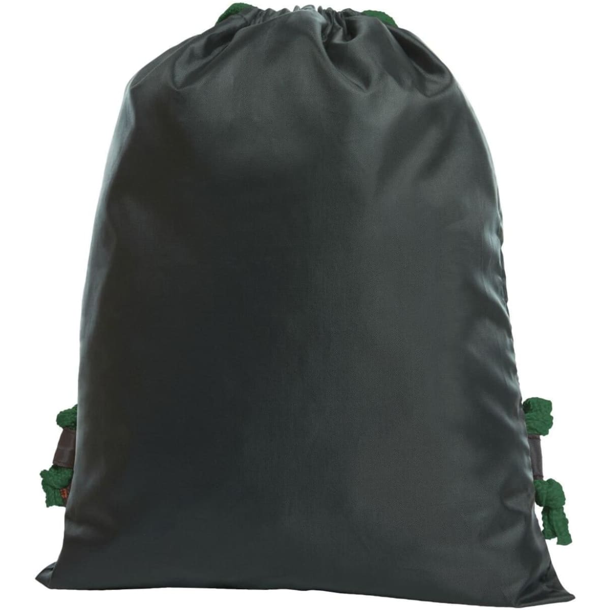 A black drawstring bag with green toggle closures and a simple design, featuring a logo on the front.
