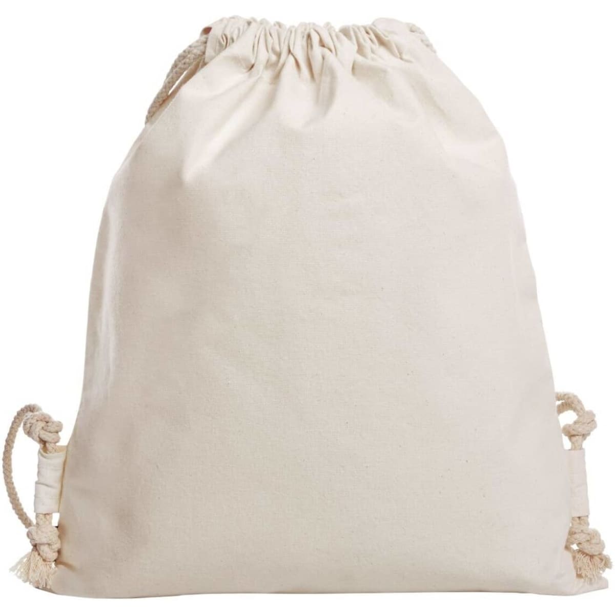 A cream drawstring bag with natural rope ties and a simple design. It features a logo.
