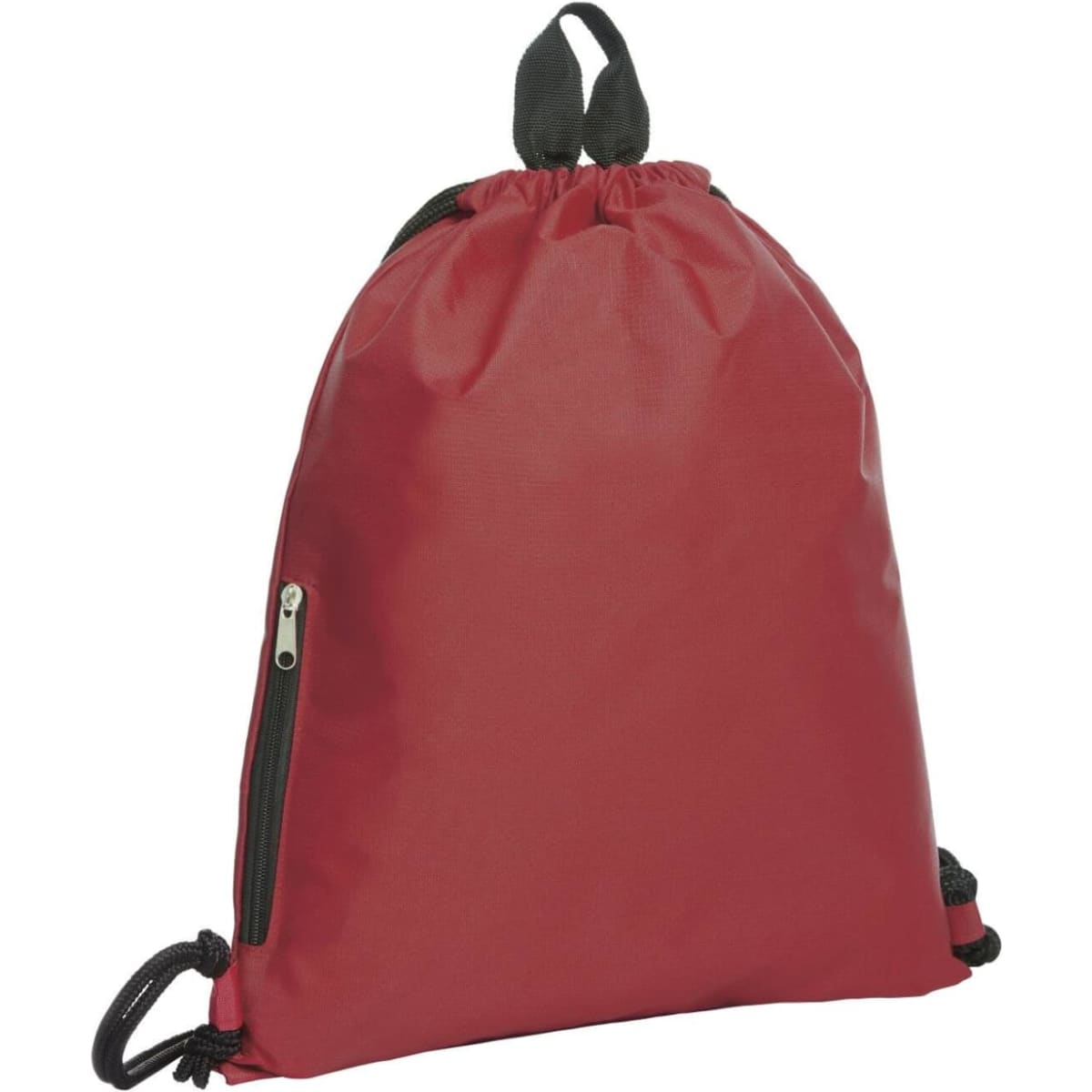 A red drawstring bag with a black zipper pocket and black drawstrings. It features a loop for carrying.