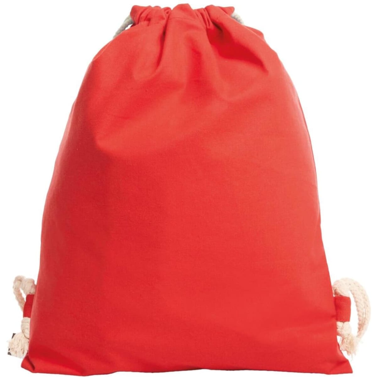 A red drawstring bag with natural rope closures and a logo.
