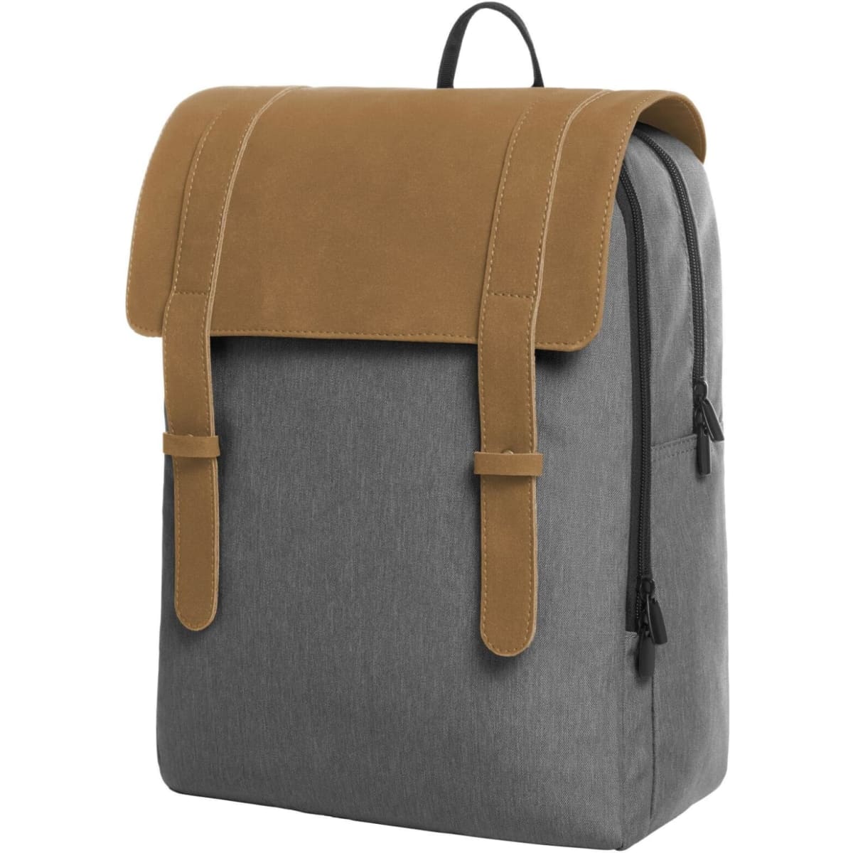 A grey Urban Notebook Backpack with a tan flap and leather-like straps. It features a logo on the front.