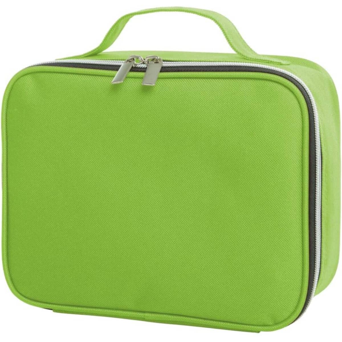 A green zipped bag with a handle, featuring a smooth exterior and a contrasting zipper. It has a simple design and a logo.