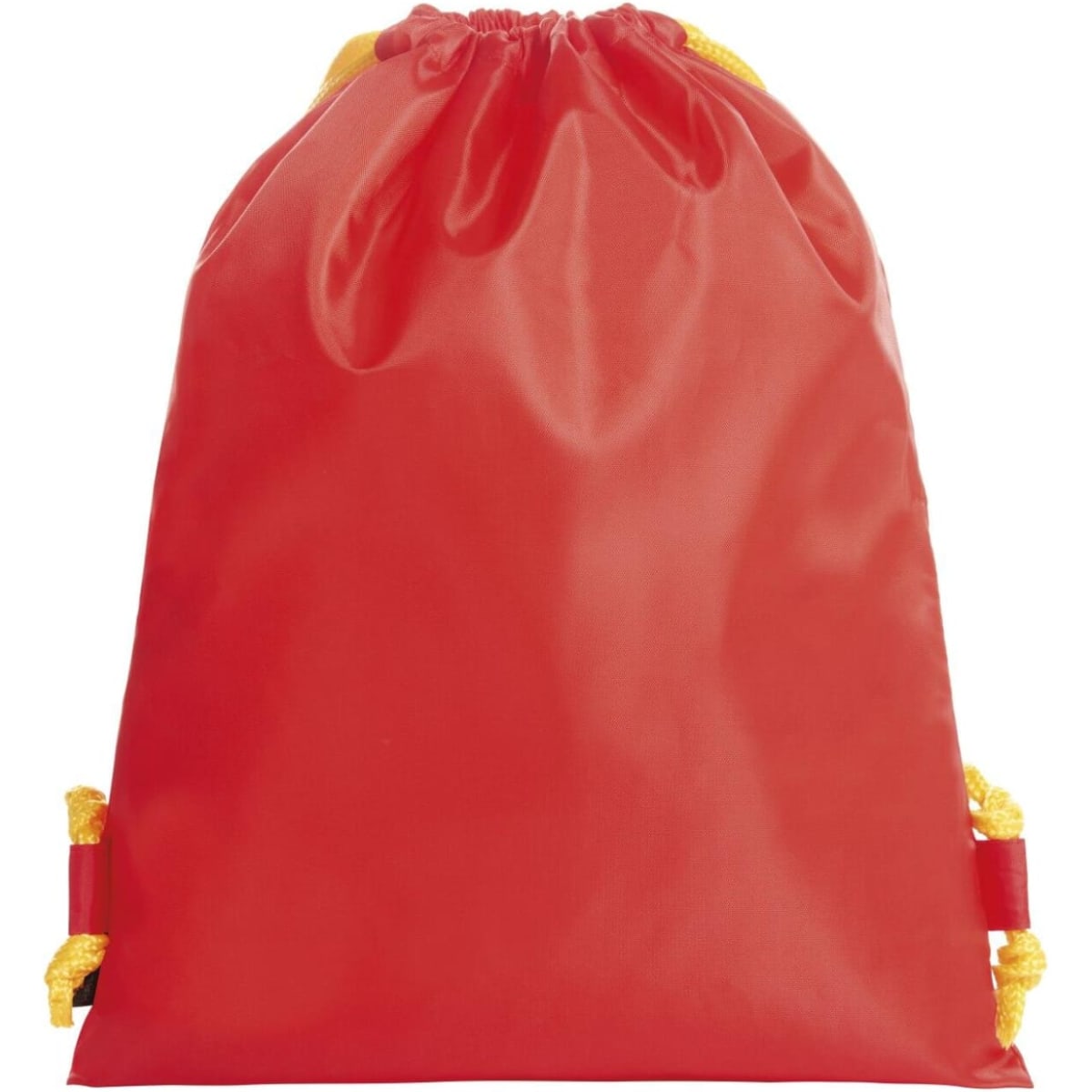 A red drawstring bag with yellow cords and a small logo on the front.