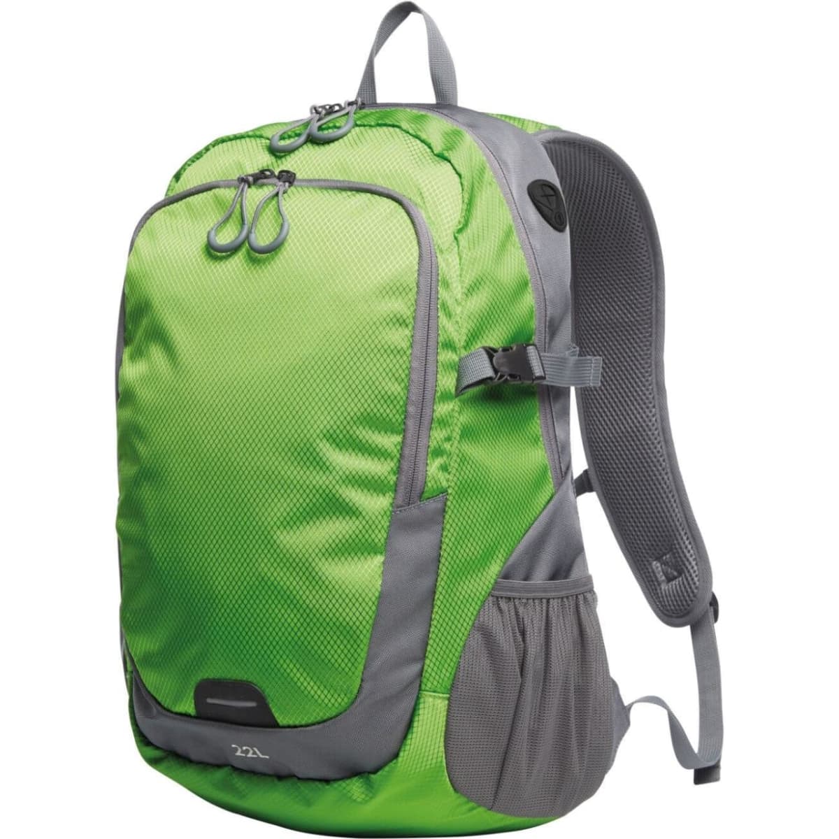 A green and grey backpack with multiple compartments and a logo, featuring padded shoulder straps and mesh details.