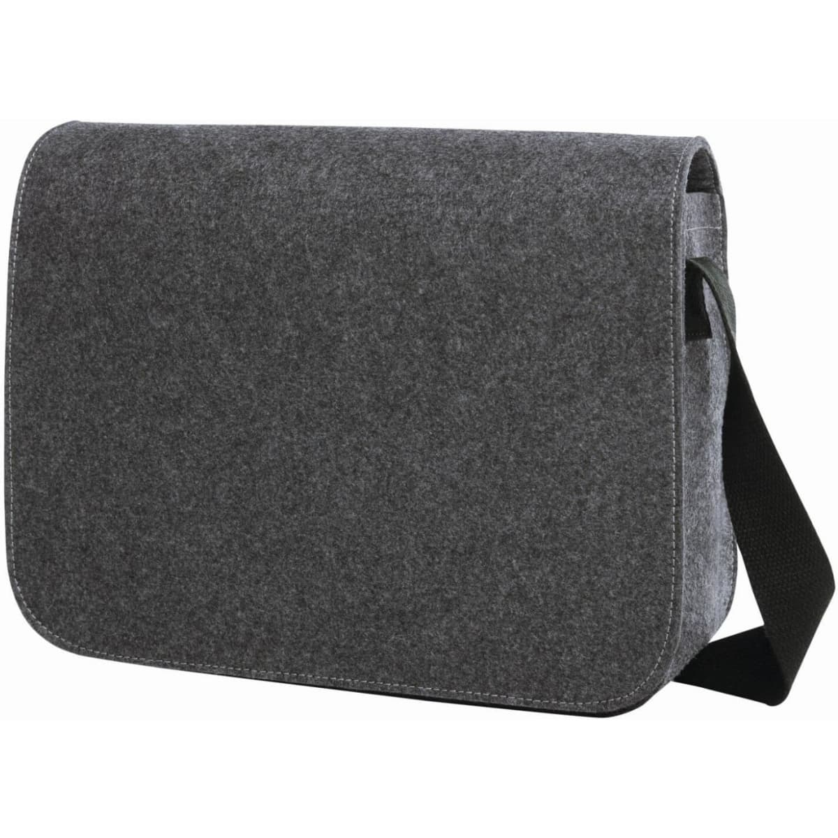 A grey shoulder bag with a flap and adjustable strap, featuring subtle stitching and a logo.