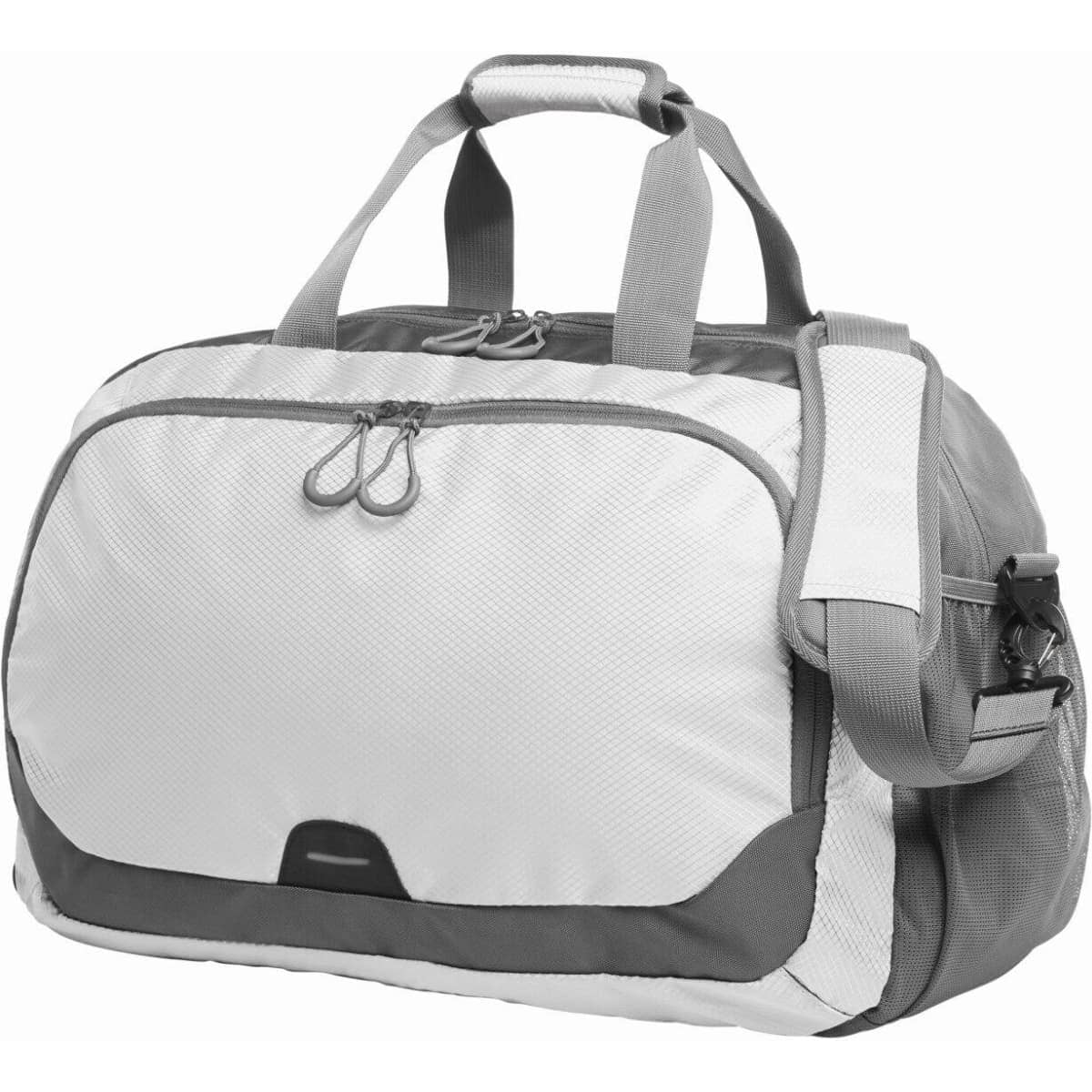 A grey and white duffle bag with dual handles, a shoulder strap, and a logo. Zippered compartments are featured.