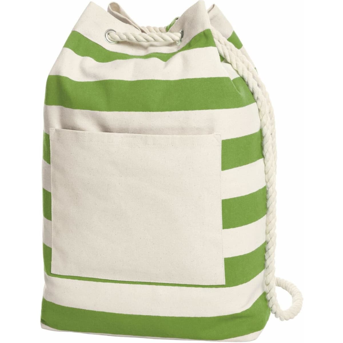 A green and white striped beach backpack with a rope drawstring and a front pocket. It features a logo on the side.