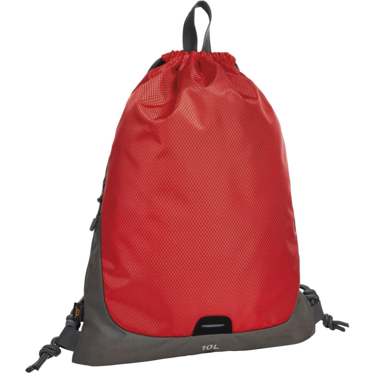 A red and grey drawstring bag with a mesh texture and a branded logo, featuring a 10L capacity.