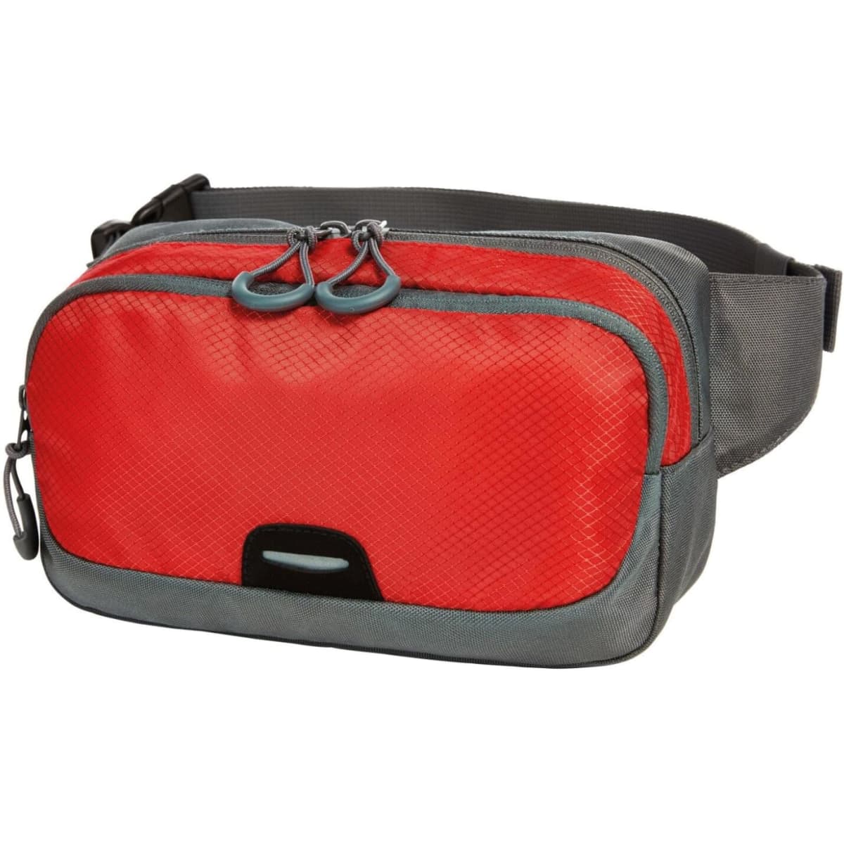 A red and grey waist bag with dual zipper compartments and an adjustable strap. It features a logo on the front.