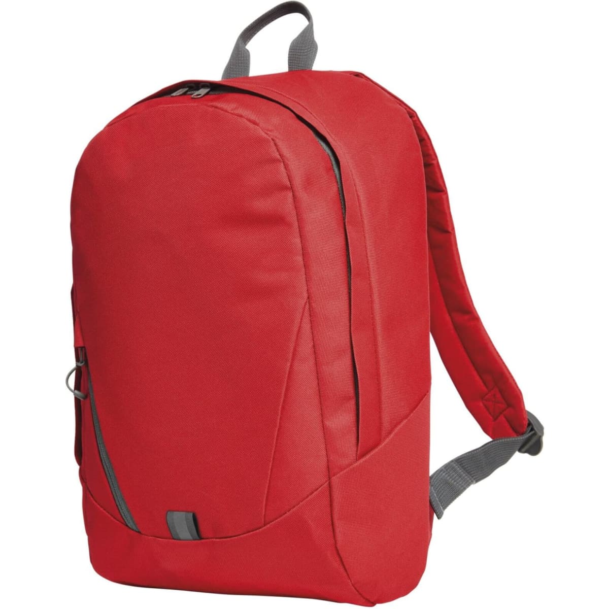 A red backpack with grey straps and a side zip pocket, featuring a logo on the front.