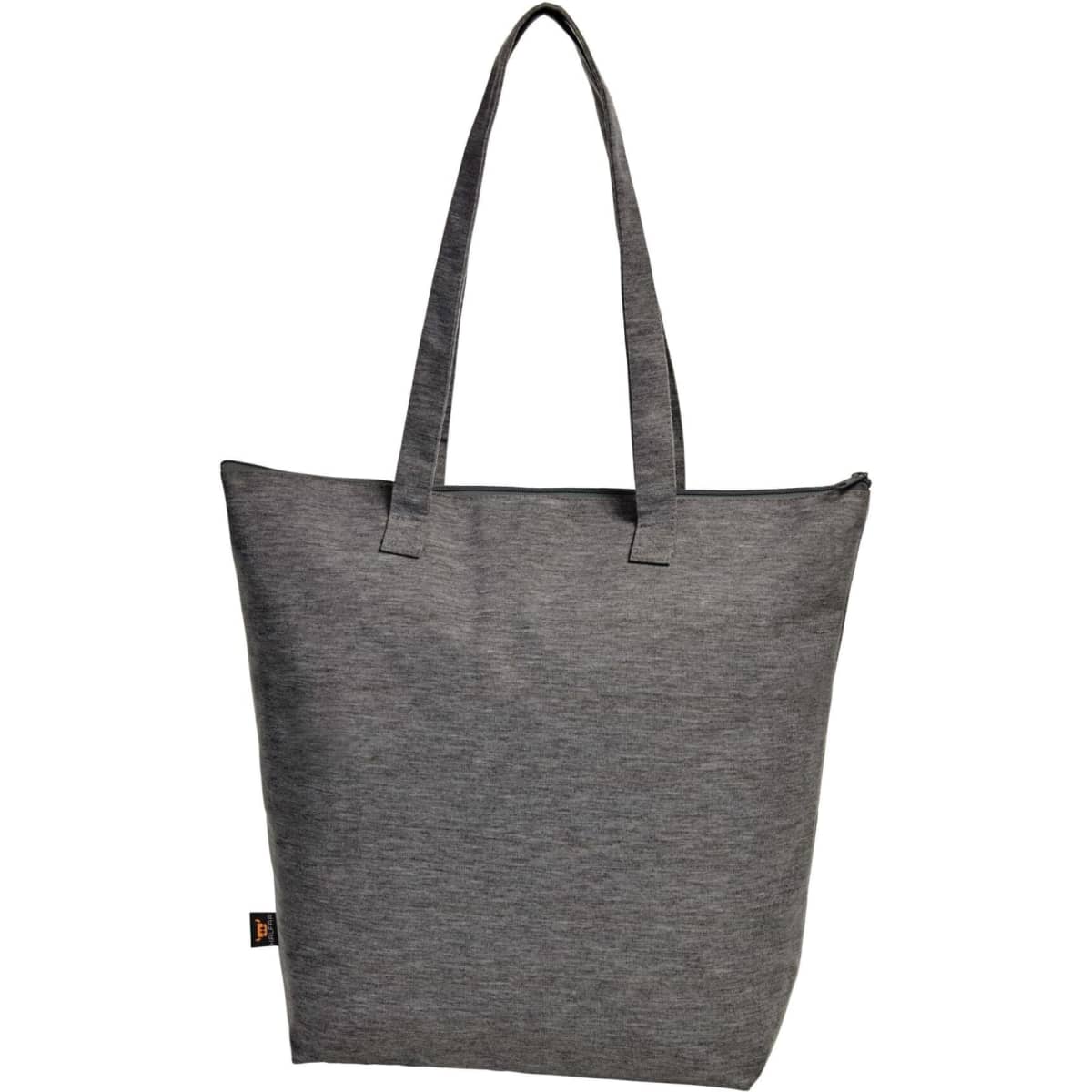 A grey tote bag with double handles and a zip closure, featuring a logo on the side.