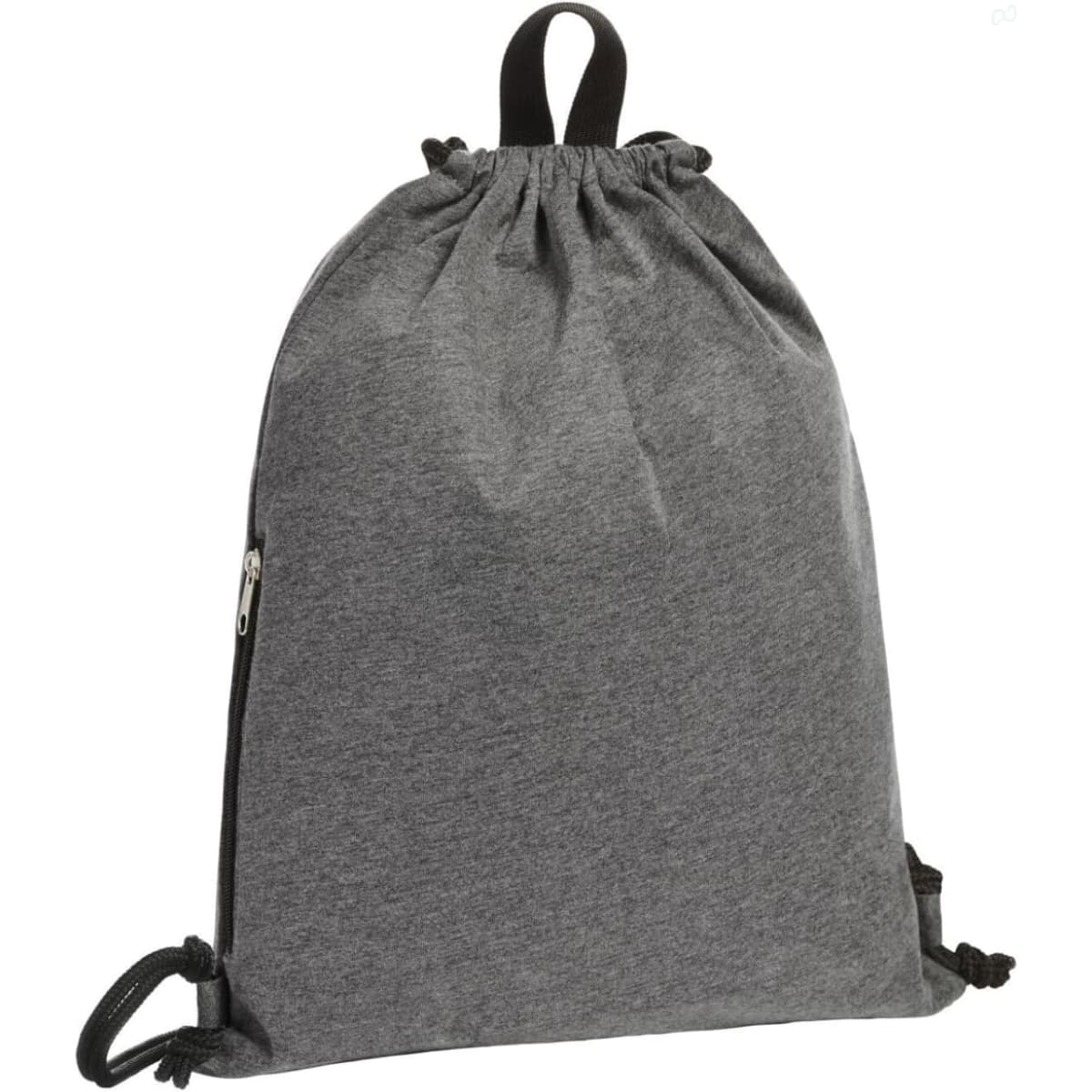 A grey drawstring bag with a cinched top, featuring a side zipper and a black drawstring. It has a logo on it.