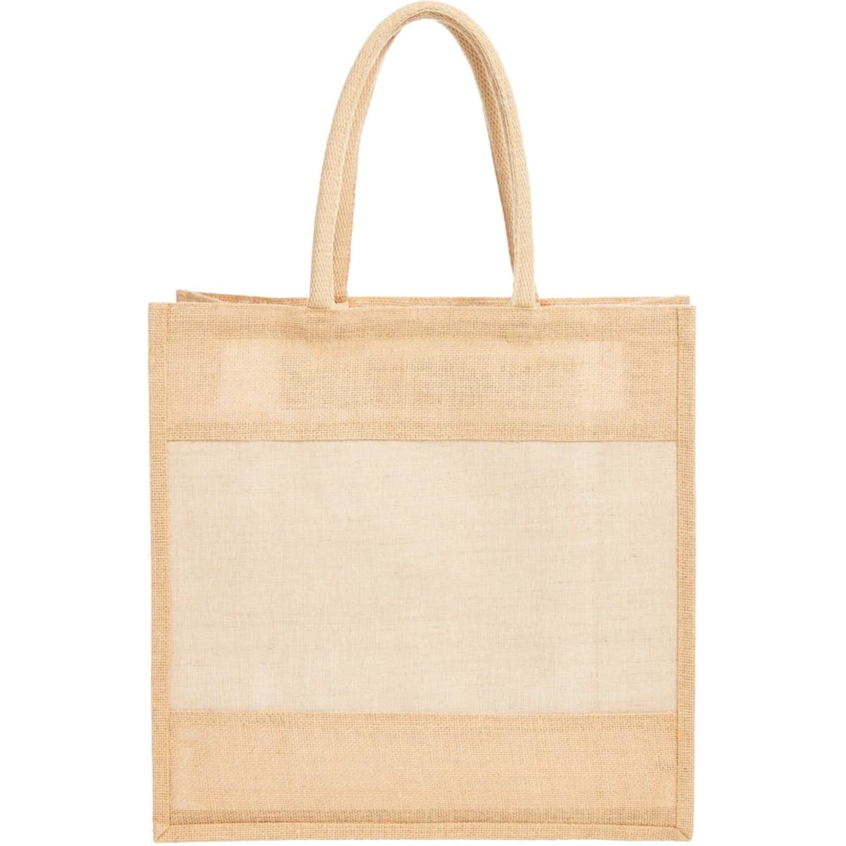 A natural beige tote bag with sturdy handles, featuring a plain panel and a logo on the front.