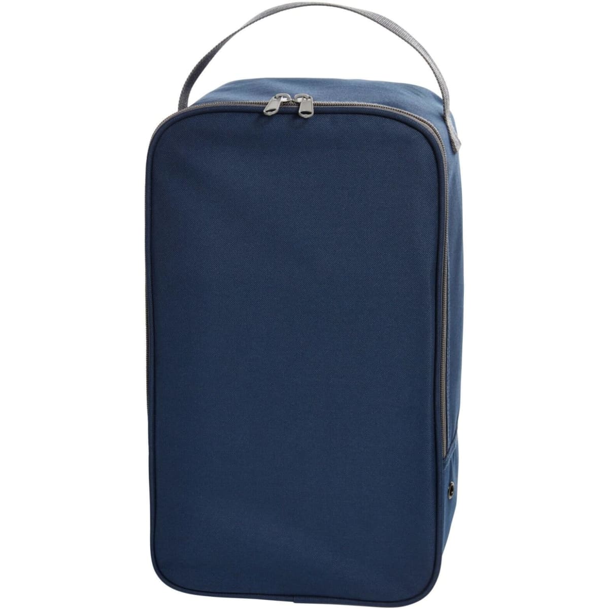 A navy blue shoe bag with a zip closure and a top handle. The bag has a simple design and includes a logo.