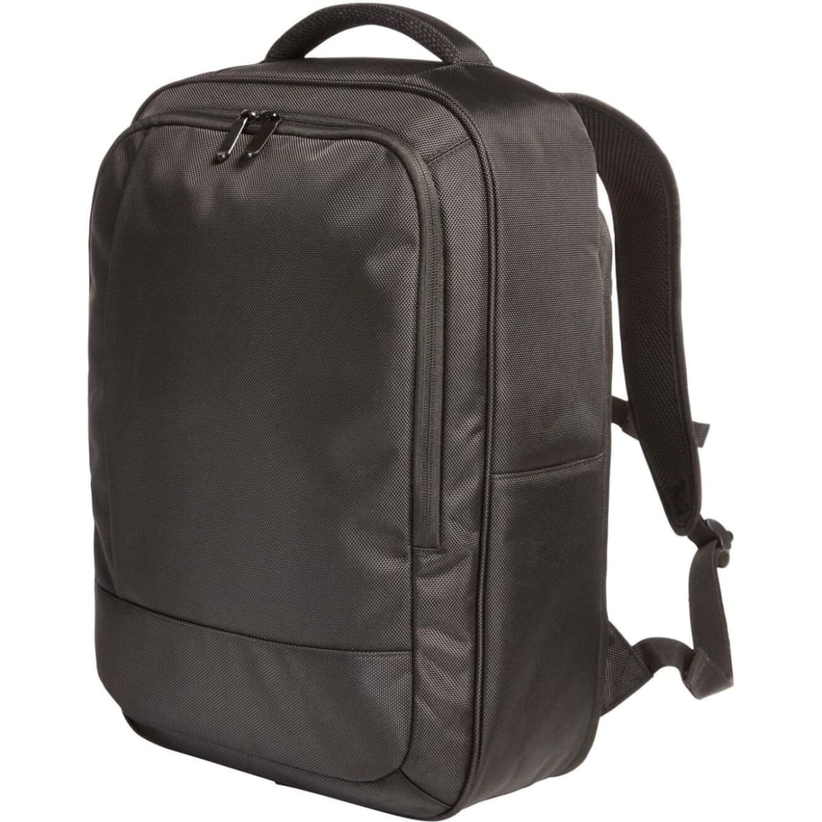 A black laptop backpack with a sleek design, featuring adjustable straps and a front pocket.