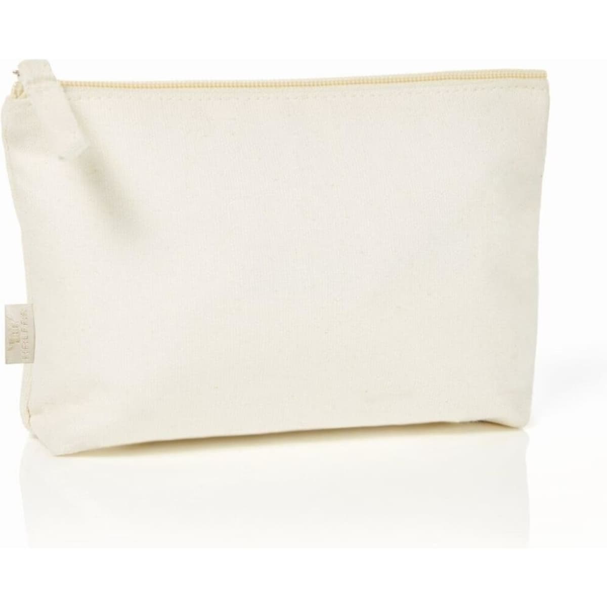 A cream-coloured organic zipper bag with a simple design and a branding logo on the side.