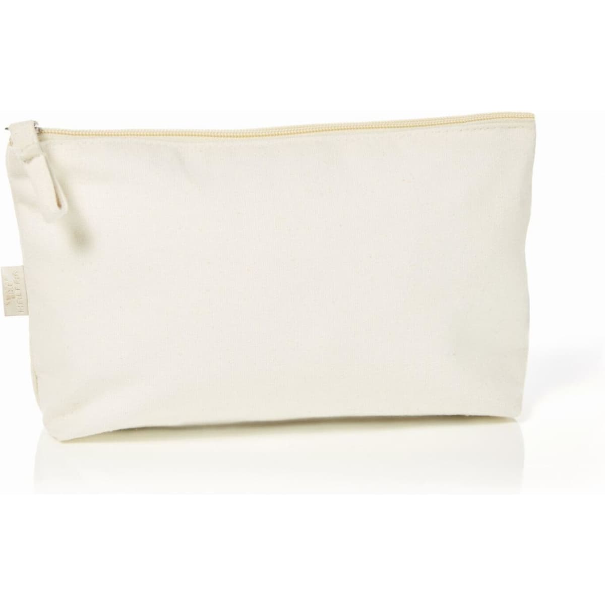 A cream-coloured organic zipper bag with a simple design, featuring a discreet logo.
