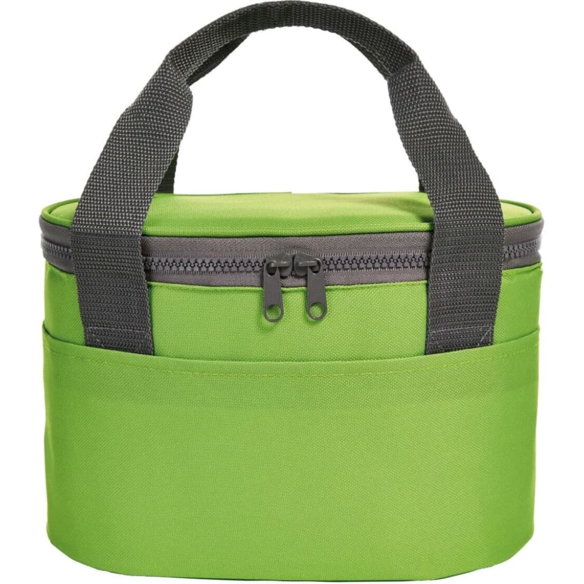 A green lunch bag with a zippered top and black handles, featuring an exterior pocket. Includes a logo.