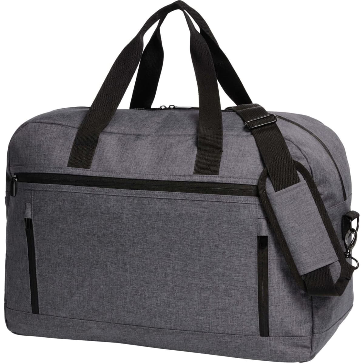 A grey travel bag with black accents, featuring handles, a shoulder strap, and multiple zippered compartments.
