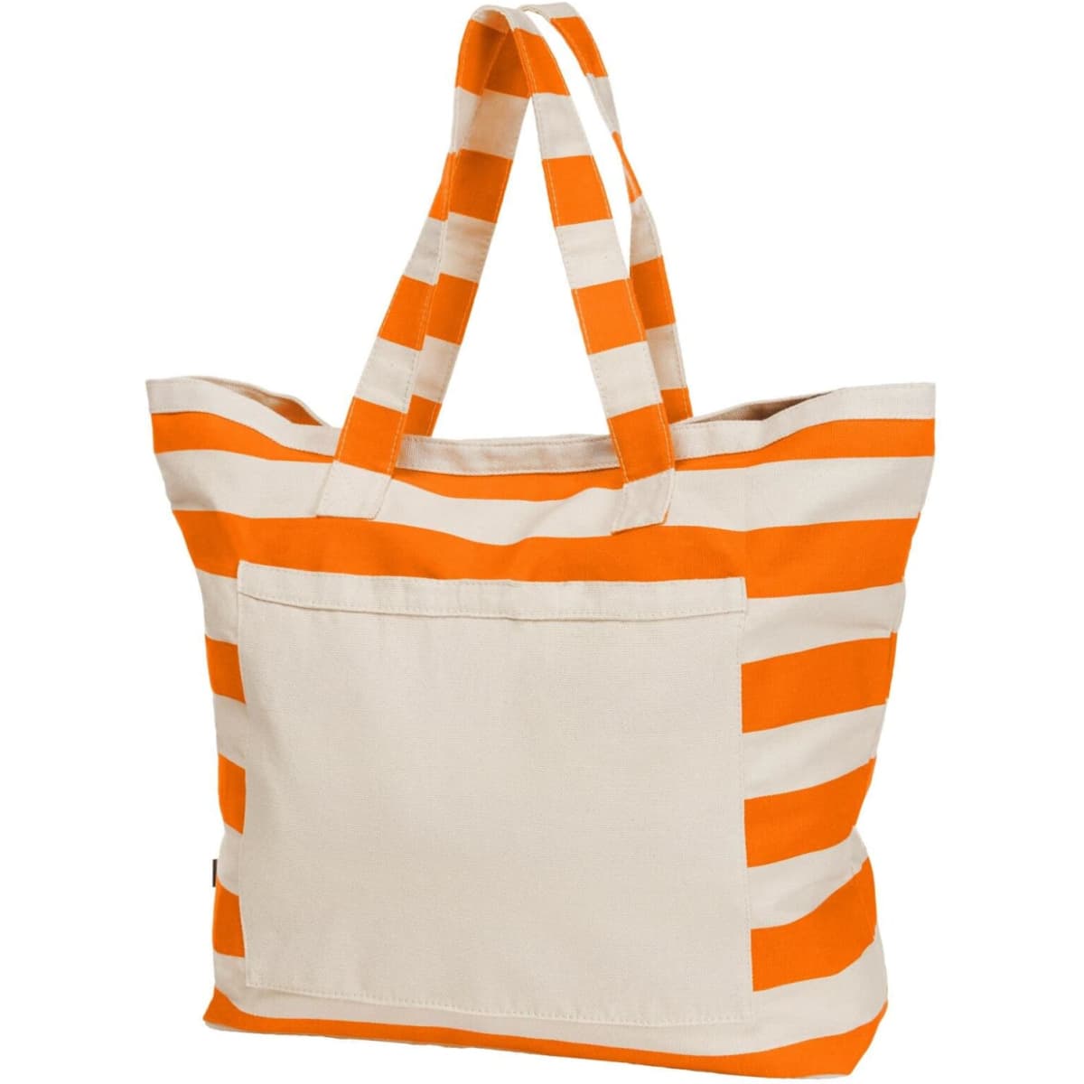 A large tote bag with orange and white stripes, featuring sturdy handles and a front pocket.