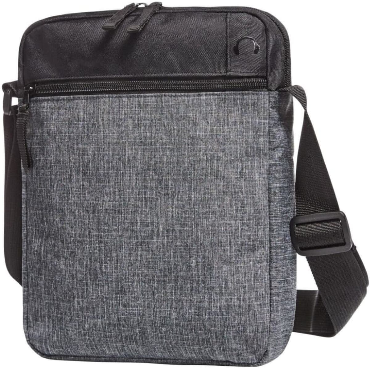 A grey crossbody bag with a black top section, featuring a zippered compartment and an adjustable strap.