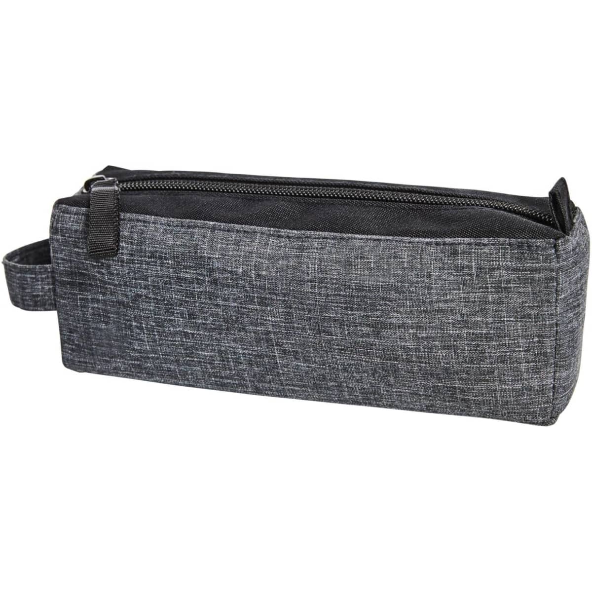 A grey fabric bag with a zip closure and a small handle, featuring a branding logo.