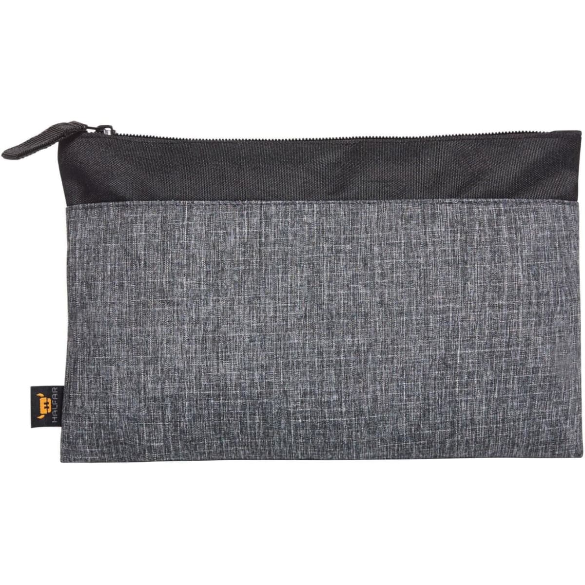A grey zipper bag featuring a textured design, with a black top section and a logo on the side.