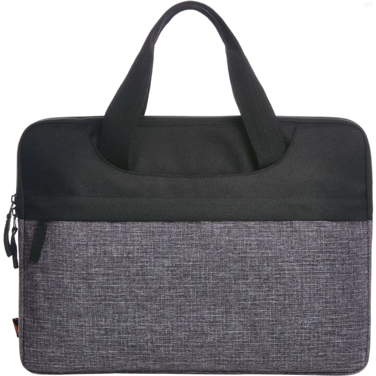 A laptop bag in black and grey fabric, featuring dual handles and a zippered closure. Includes a logo on the front.