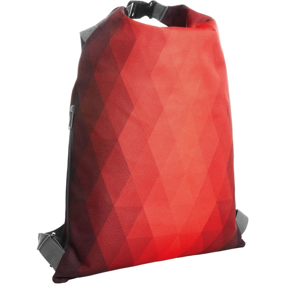 A red and dark red diamond-patterned backpack with grey straps and a logo on the side.