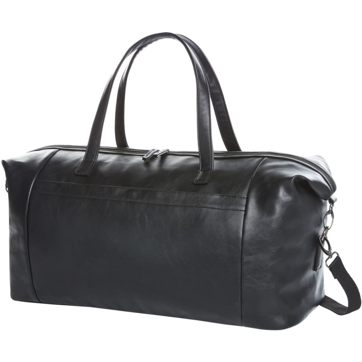 A black travel bag with sturdy handles and a detachable shoulder strap, featuring a sleek design and a zippered closure.
