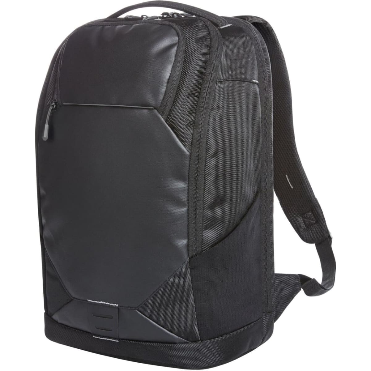 A black laptop backpack with a sleek design, featuring padded straps and a durable exterior. It includes a logo.