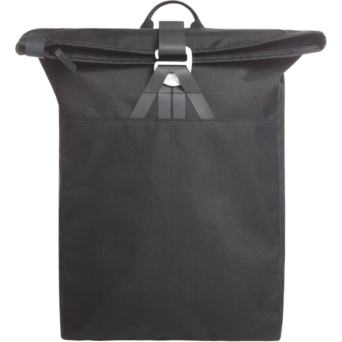 A black Loft Notebook Backpack featuring a roll-top closure and a branded logo on the front.