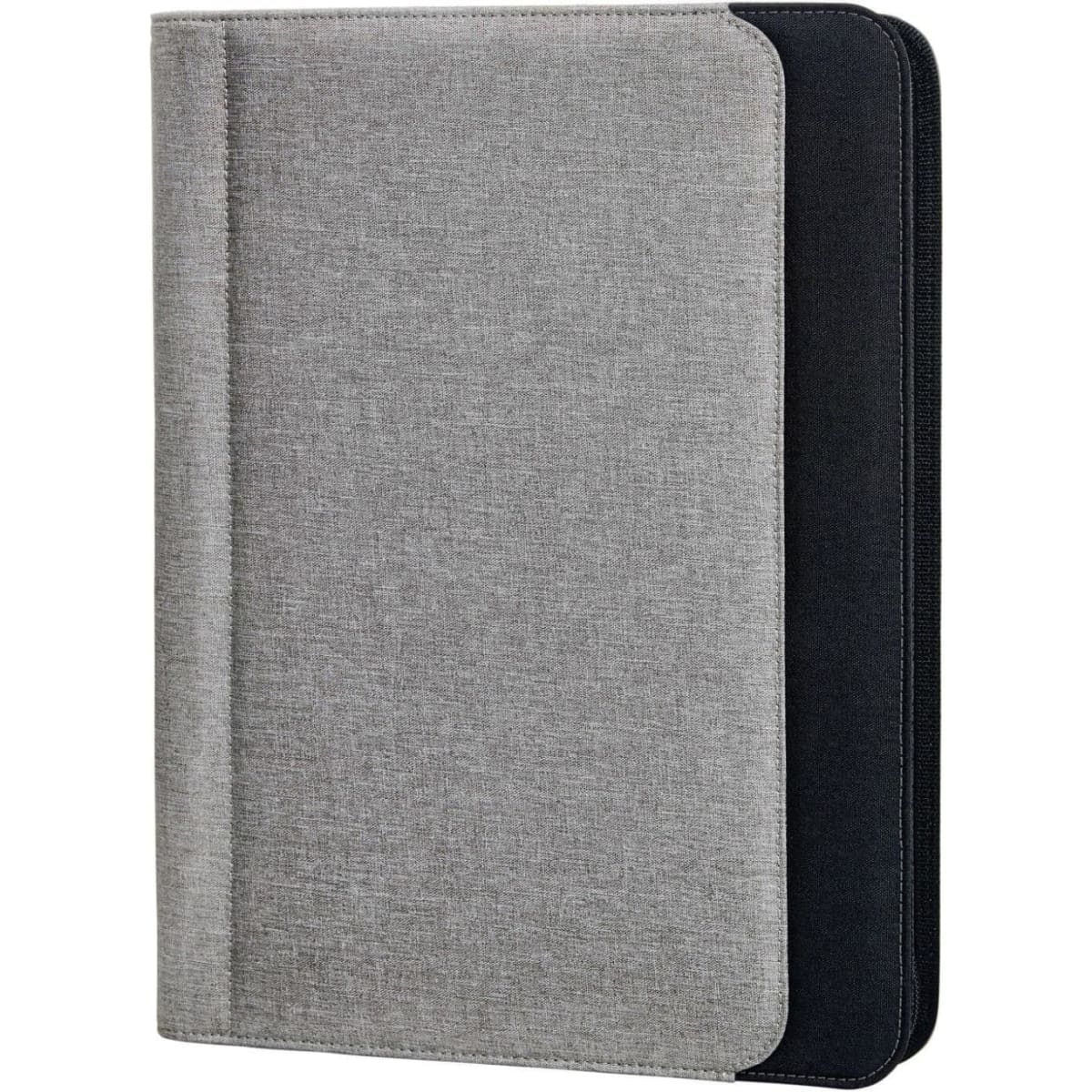 A grey and black work conference folder with a textured finish and a zipper closure. It features a logo on the front.
