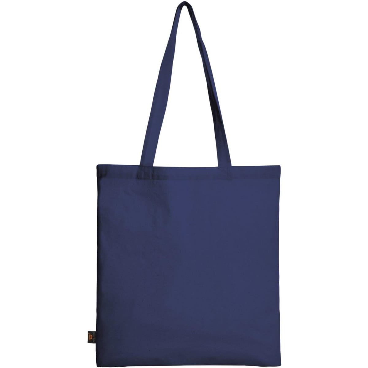 A navy blue tote bag with long handles and a small logo on the side.