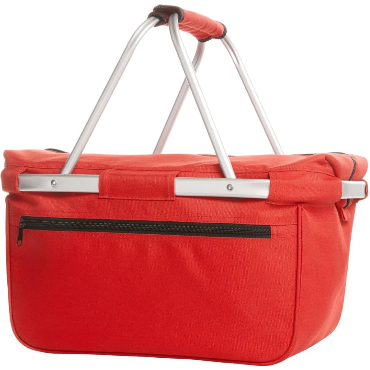 A red cooler shopper with silver handles and a zippered pocket on one side. It features a sturdy design for carrying items.