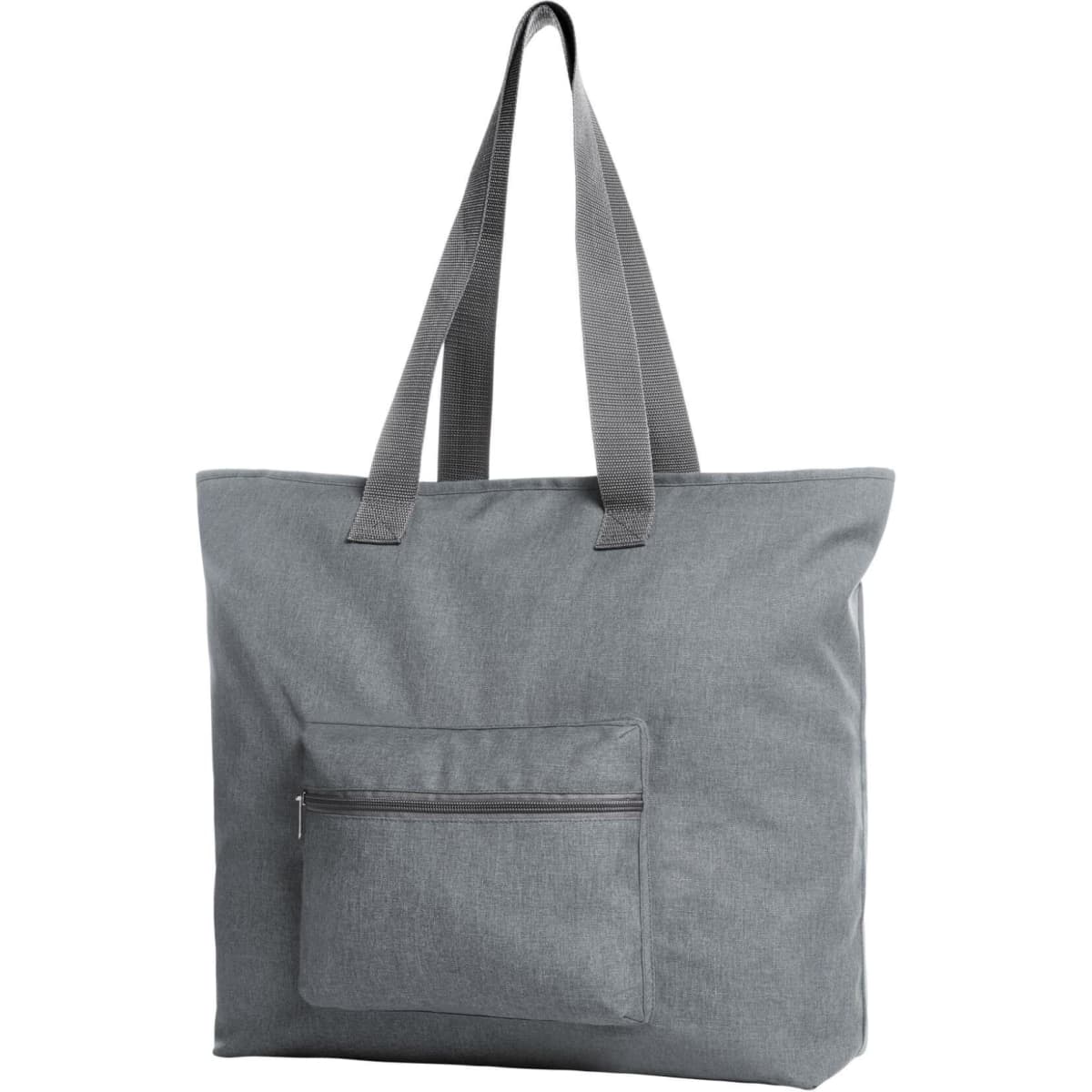 A grey tote bag with a front pocket and long handles. It features a simple design and includes branding.