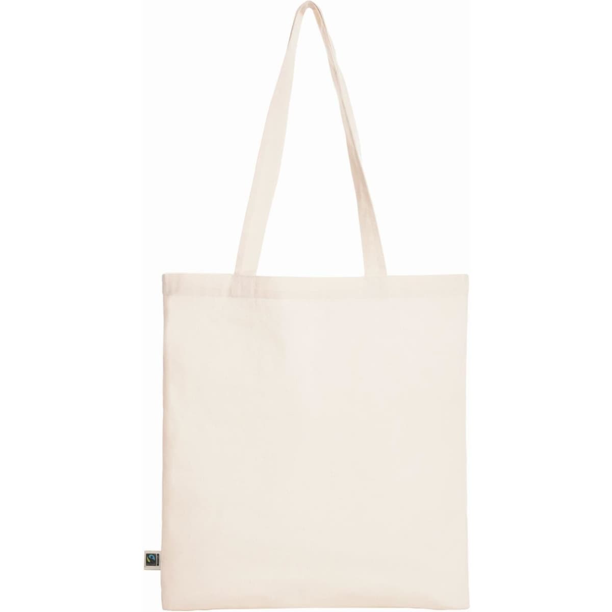 A cream tote bag with fabric handles and a small branding label at the bottom.