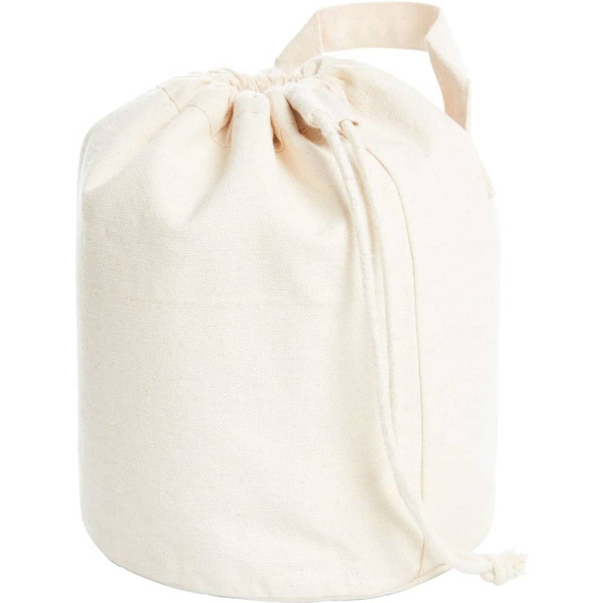 A cream drawstring bag made from organic material, featuring a top cinch closure and a carrying handle.