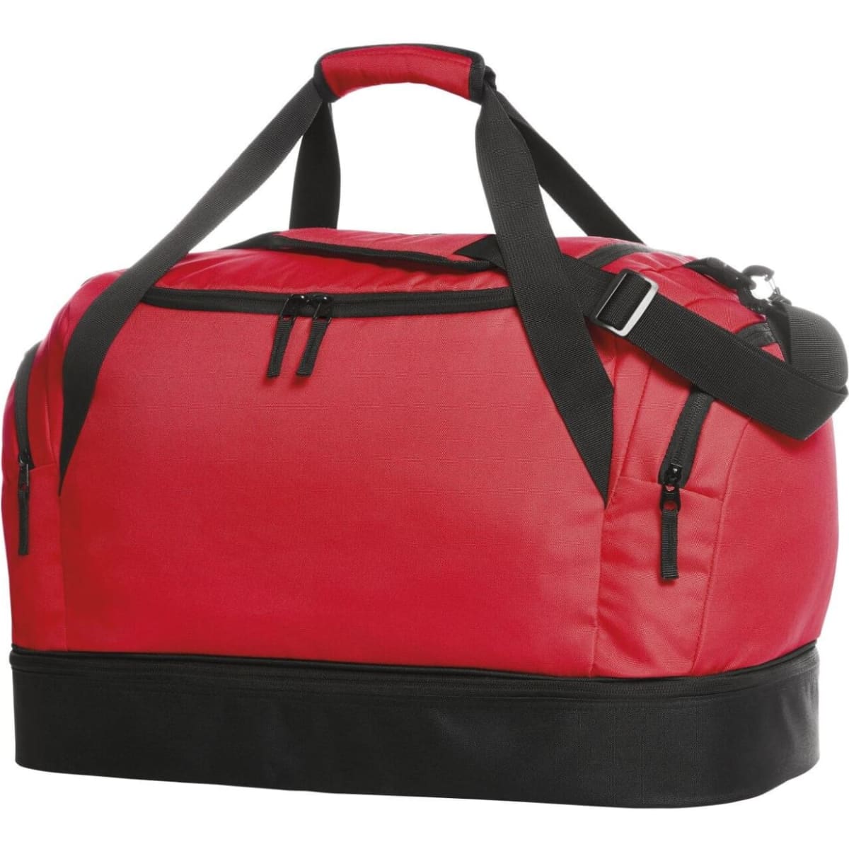 A red sports bag with black accents, featuring a top handle, adjustable strap, and multiple zipped compartments.