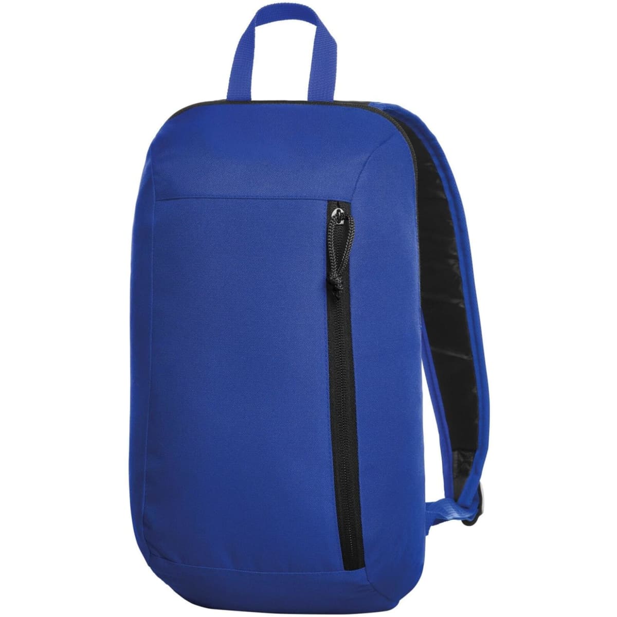 A blue backpack with a front zip pocket and shoulder straps, featuring a simple design and a logo.