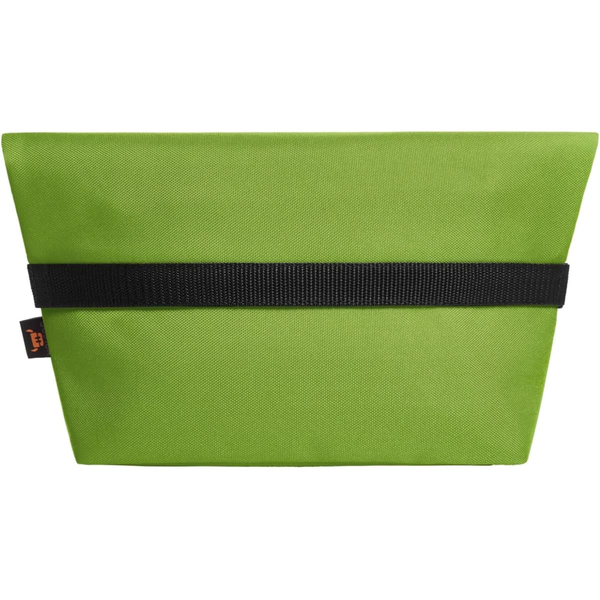 A green cooler bag with a black strap, featuring a logo on the side.