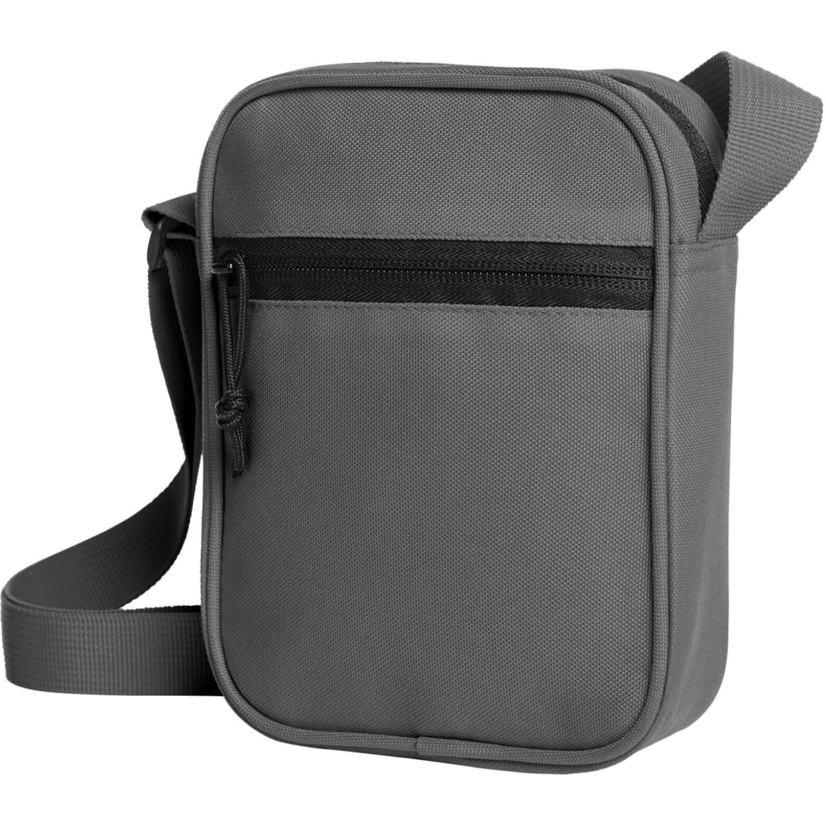 A grey crossbody bag with a zippered front pocket and an adjustable strap. Features a logo on the front.