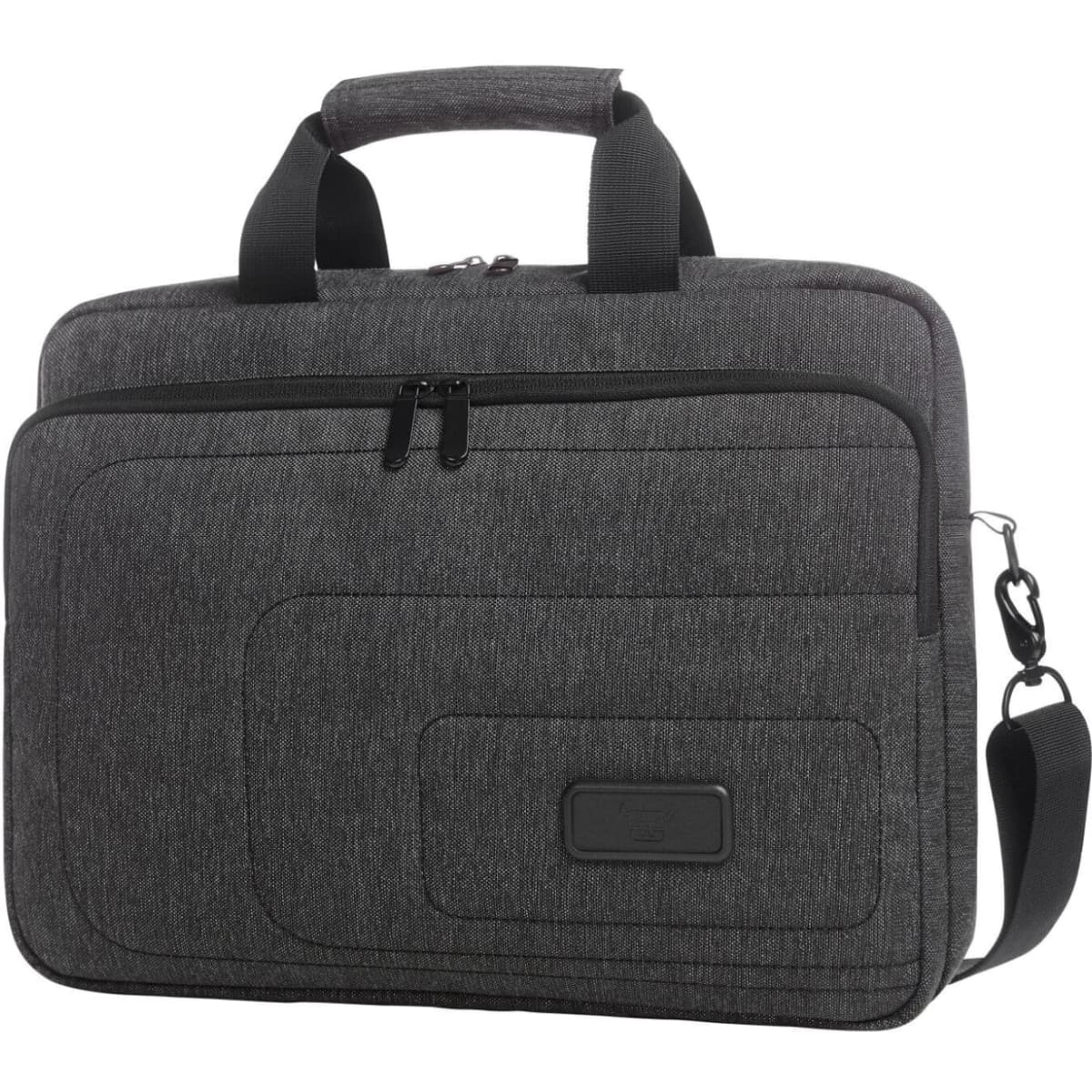 A grey laptop bag with dual handles, a removable shoulder strap, and exterior pockets. It also features a logo.