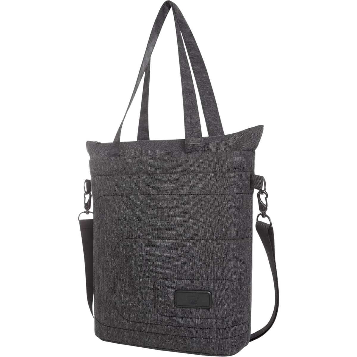 A grey laptop bag with both shoulder straps and a removable adjustable strap, featuring a logo on the front.