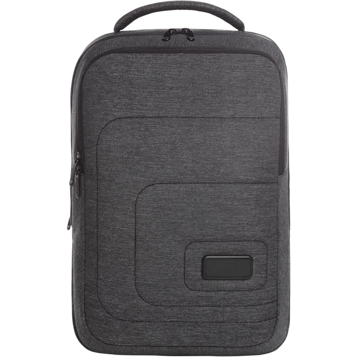 A grey laptop backpack featuring a sleek design and a small logo. It has multiple compartments and a sturdy handle.