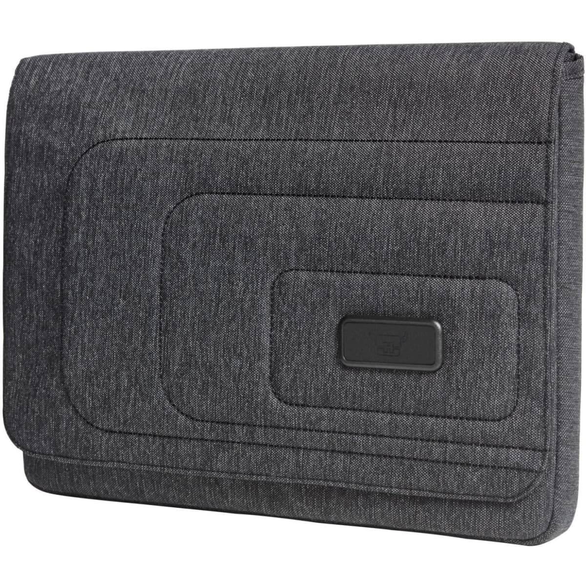 A grey laptop bag with a textured design and a black logo on the front.