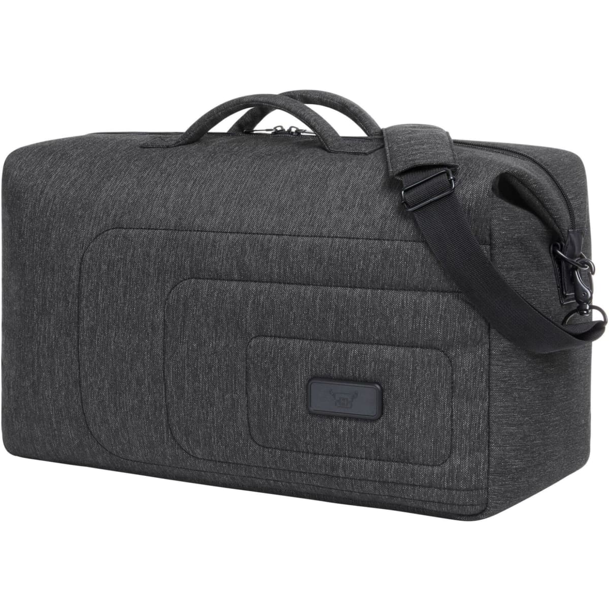 A grey duffle bag featuring a handle, shoulder strap, and a logo on the front. Designed for sport or travel use.