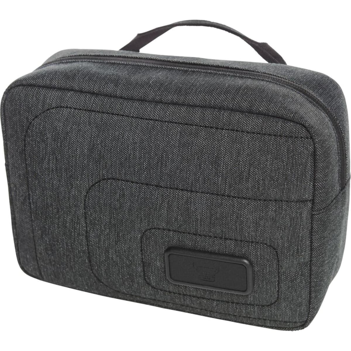 A grey toiletry bag with a structured design and a top handle, featuring a logo on the front.