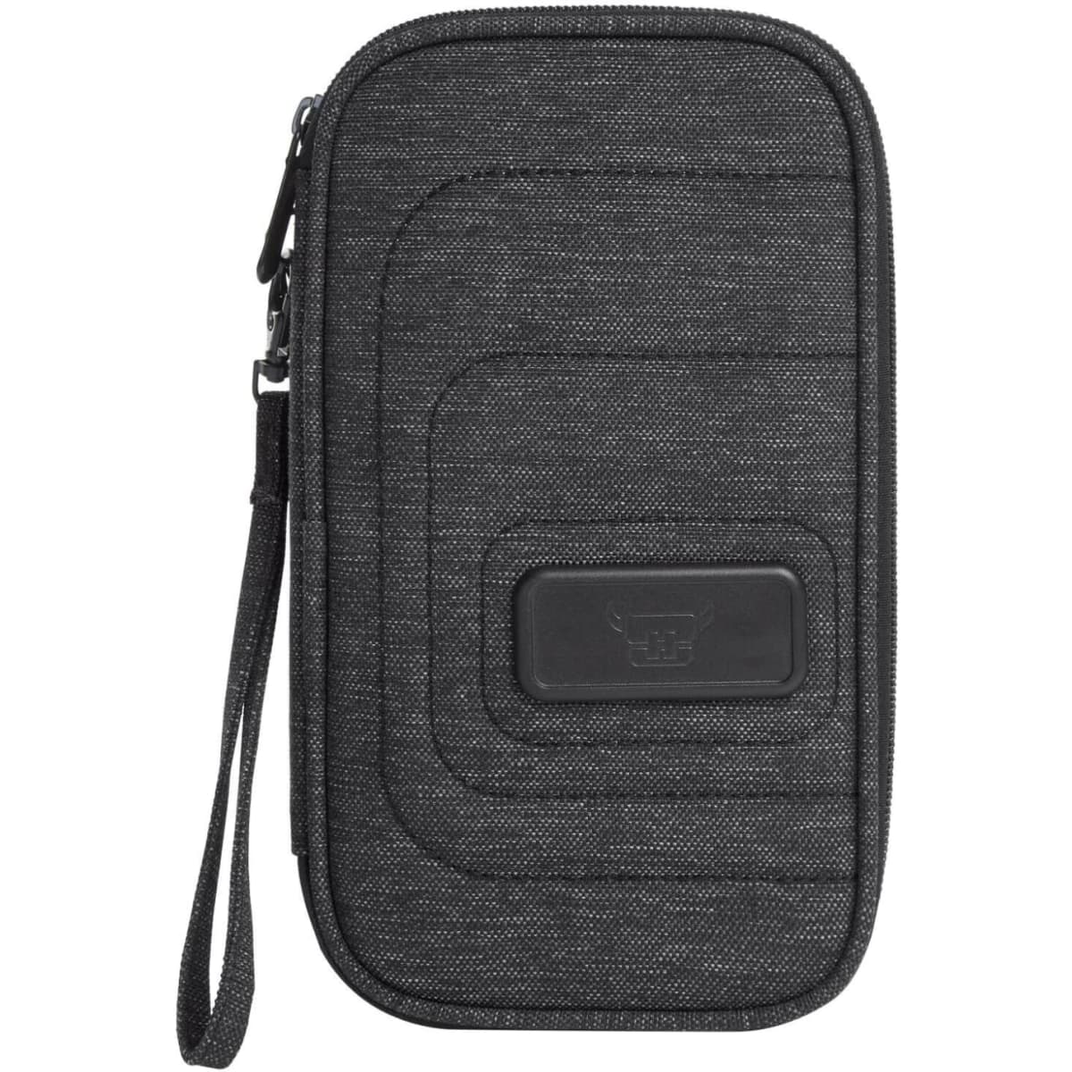A dark grey organiser bag with a zip closure and a wrist strap, featuring a logo on the front.
