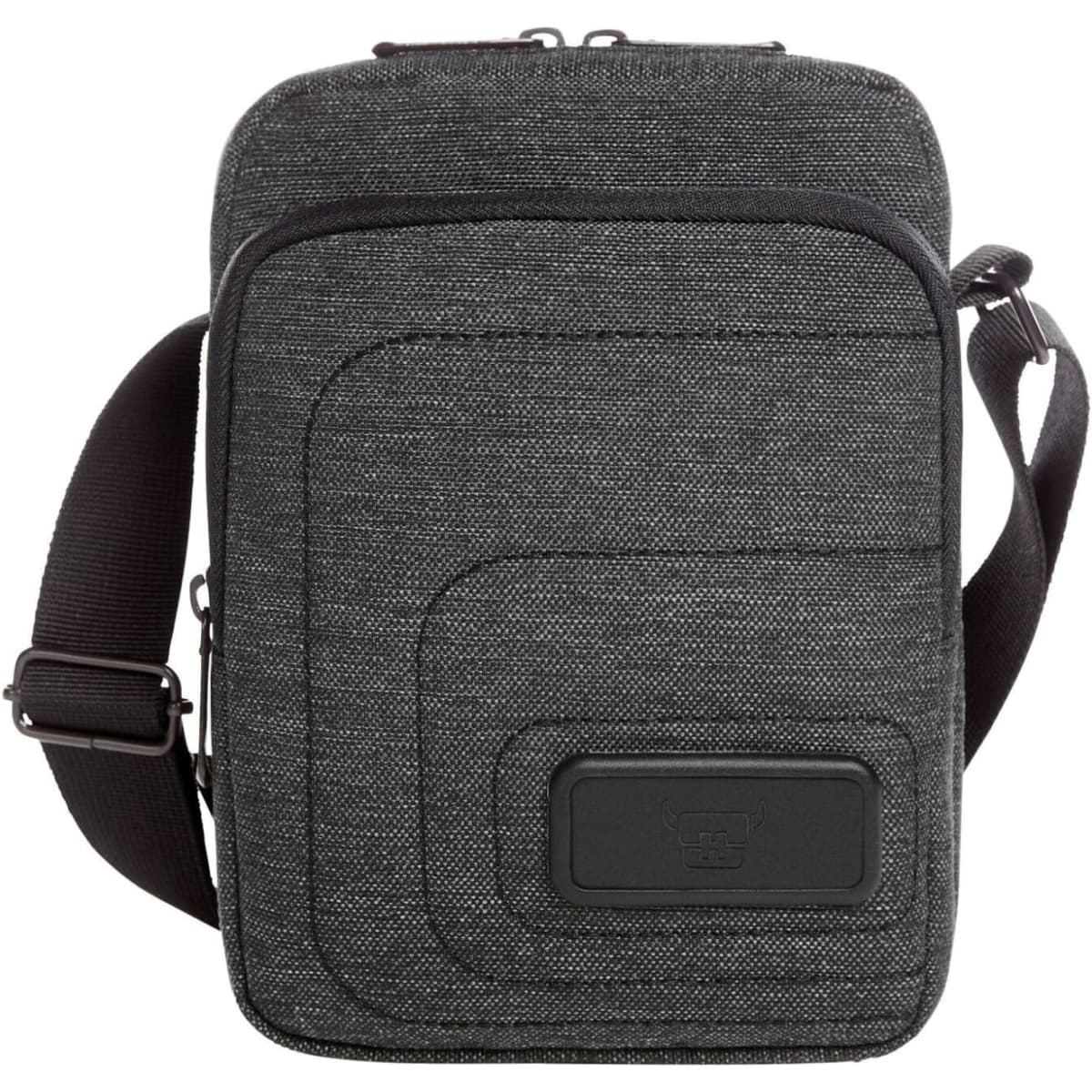 A grey fabric crossbody bag featuring a textured design and an adjustable strap, complete with a logo.